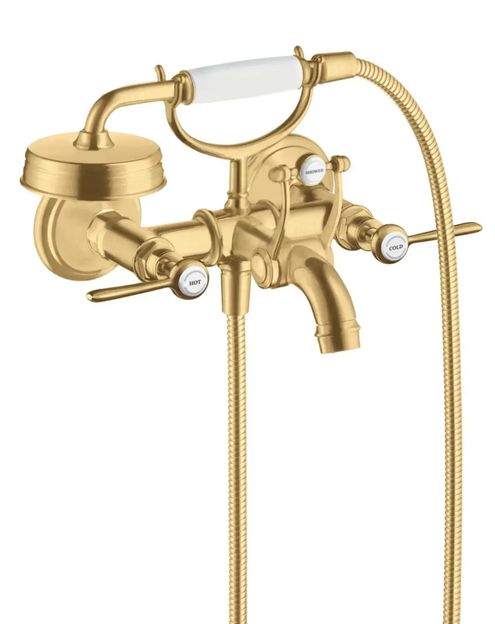 Wannenarmatur in Brushed Gold Optik mit zwei Griffen und flexibler Duschleitung, gestaltet von AXOR. Anpassbare Wasserzufuhr für Dusche und Badewanne.
